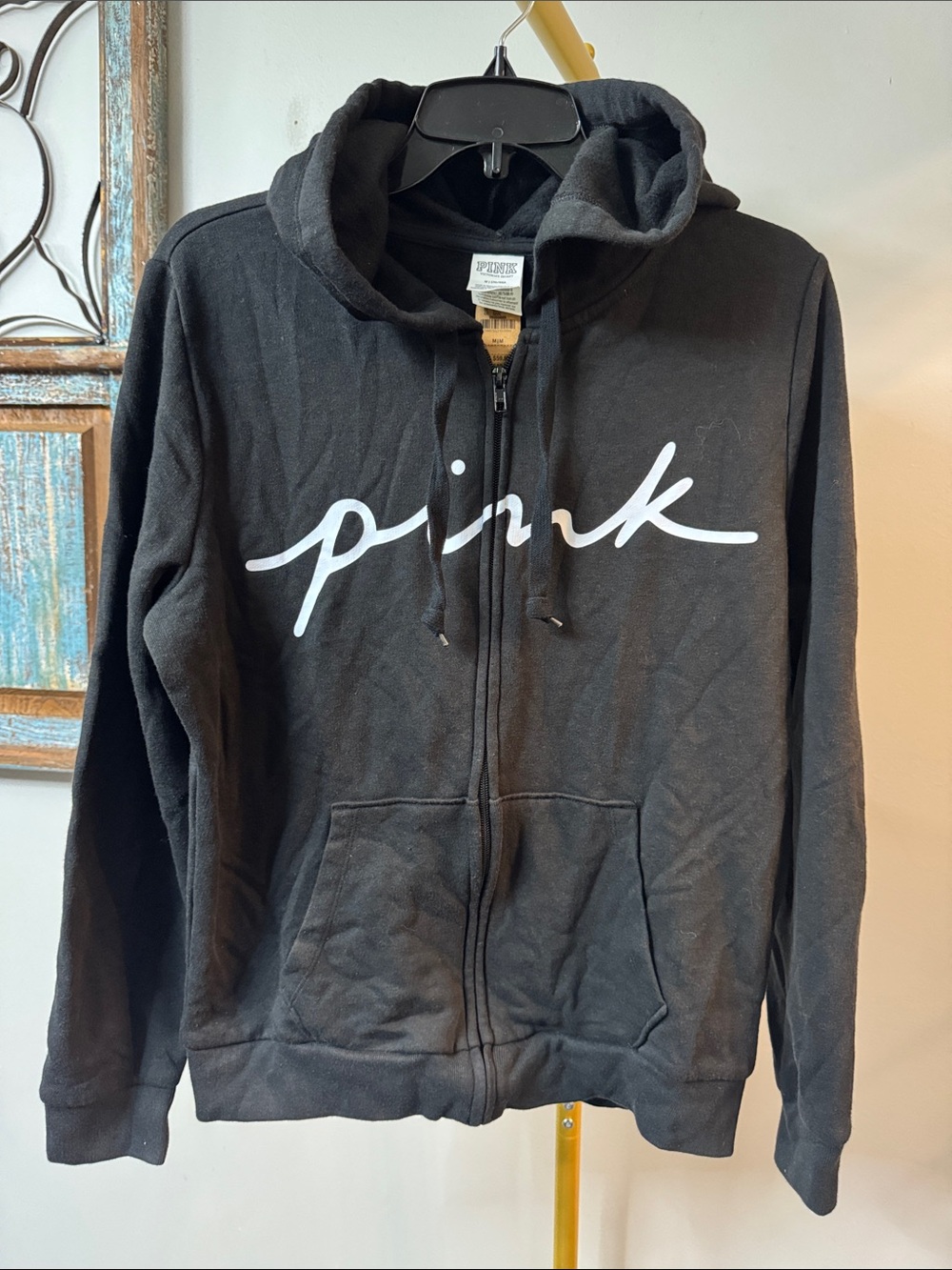 PINK Victoria's Secret Black Zip-Up Hoodie with White Script NWT M